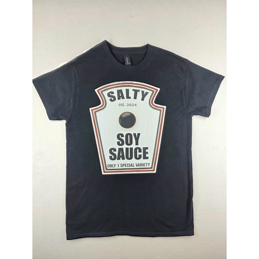 Gildan Salty Soy Sauce Graphic T-Shirt Black Small S Parody Condiment Est 2024